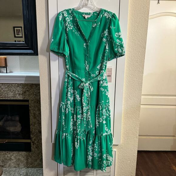 NWT Nanette Lepore V-Neck Short Sleeve Tie Waist Floral A-Line Crepe Dress 10 - Picture 5 of 12